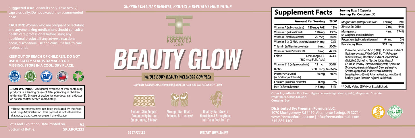 Supplement label for 'Beauty Glow' with supplement facts on a pink background