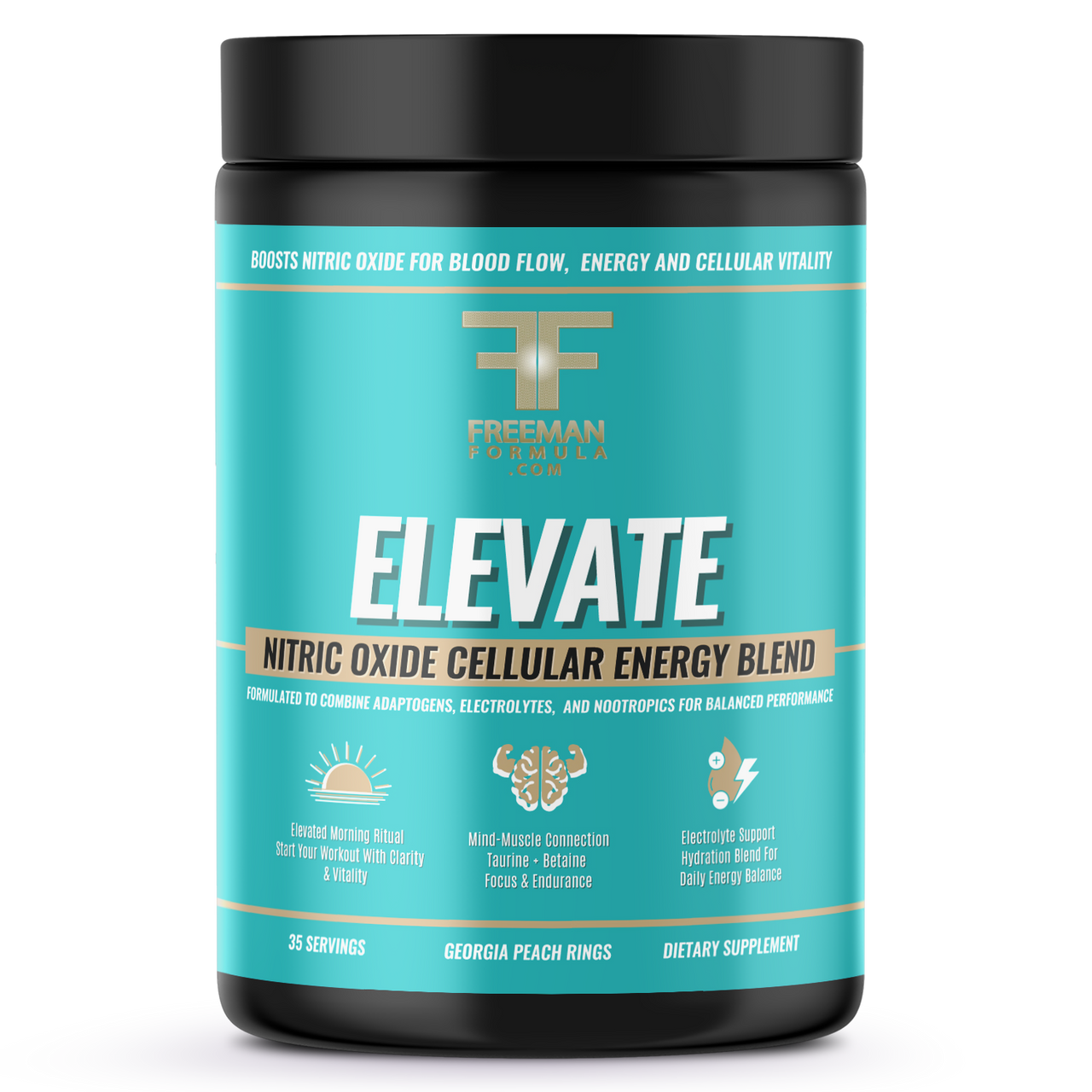 Supplement container labeled 'Elevate' by Freeman Sports Nutrition on a white background