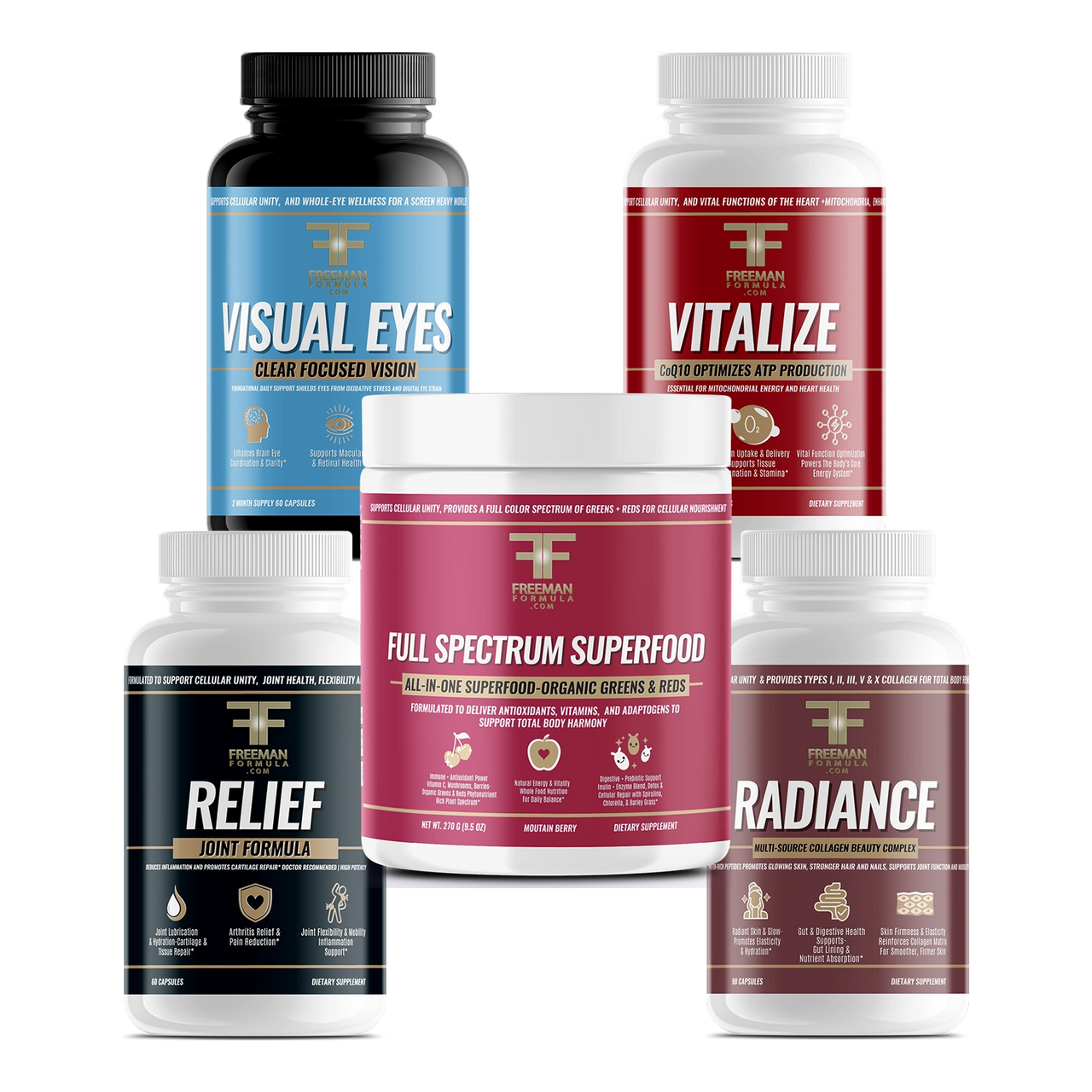 Freeman Formula supplement stack featuring Visual Eyes, Relief, Full Spectrum Superfood, Vitalize, and Radiance bottles on transparent background.