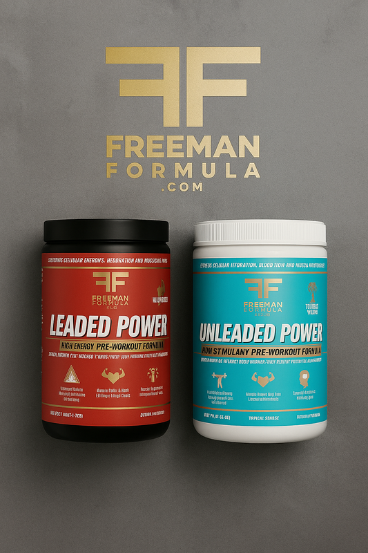 Two pre-workout supplement containers from Freeman Formula on a gray background.