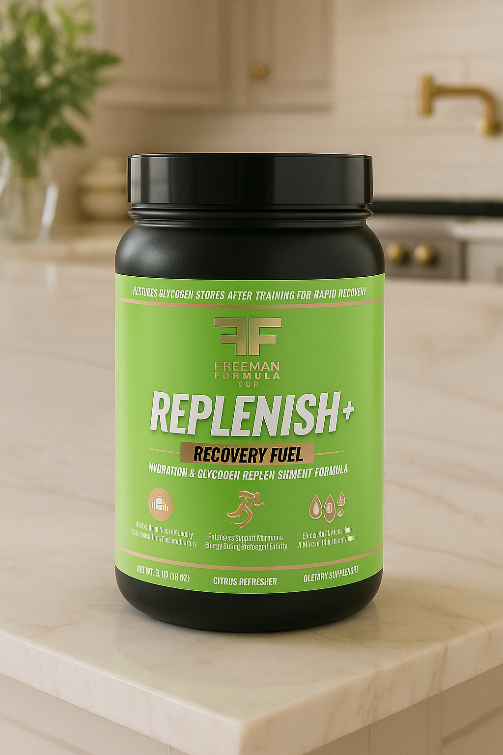 The Freeman Formula Synergize bottle is styled on a bright, modern kitchen counter with natural lighting streaming in. Surrounded by neutral-toned decor, it evokes a clean, wellness-driven lifestyle.