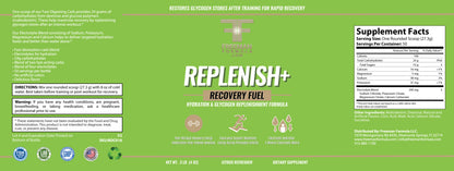 Green supplement label for 'Replenish+' recovery fuel with text and graphics.