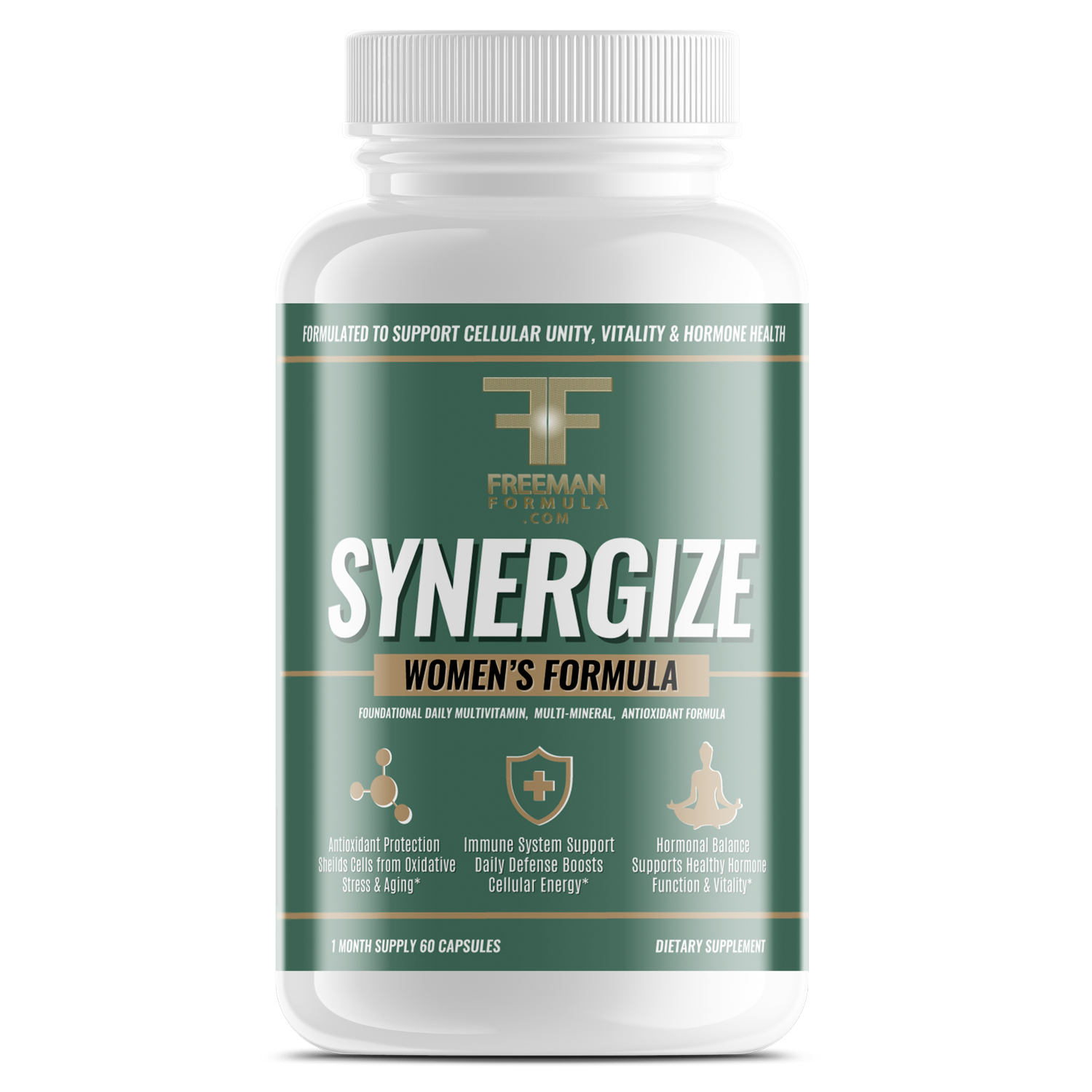 Supplement bottle labeled 'Synergize Women's Formula' by Freeman Formula on a white background