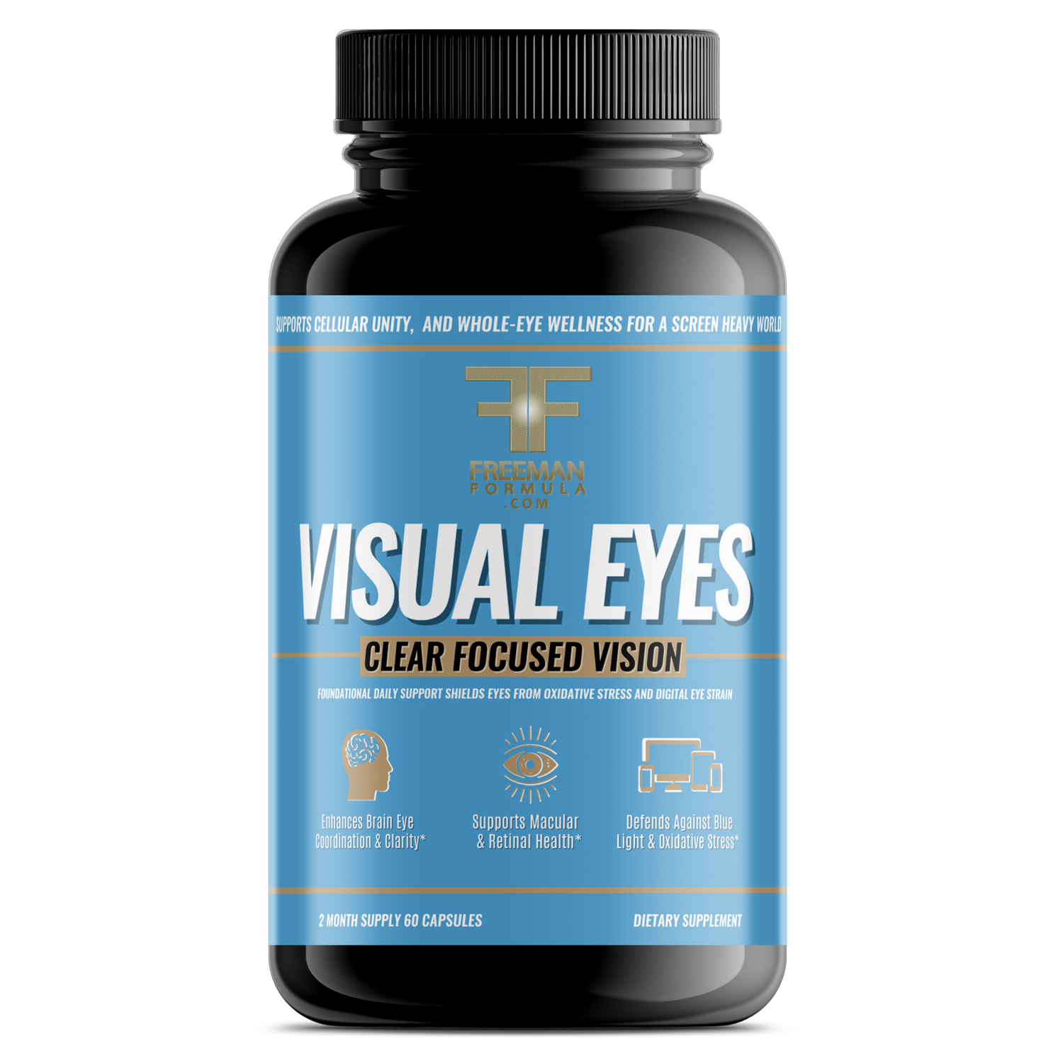 Supplement bottle labeled 'Visual Eyes' on a white background