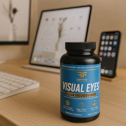 Bottle of Freeman Visual Eyes supplement on a desk with a computer setup in the background