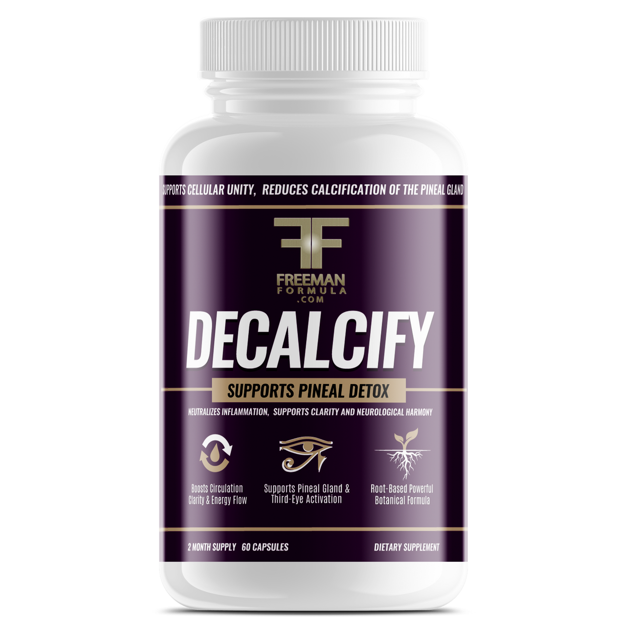 Freeman Formula Decalcify supplement supports pineal gland detox, enhances mental clarity, and promotes spiritual awakening and cognitive balance.