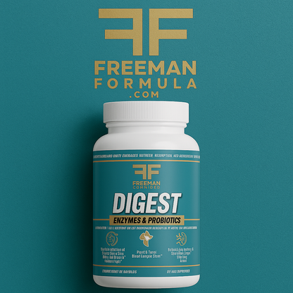 Top-down flat lay of Freeman Formula DIGEST Enzymes & Probiotics supplement bottle on soft pink background with subtle lighting.