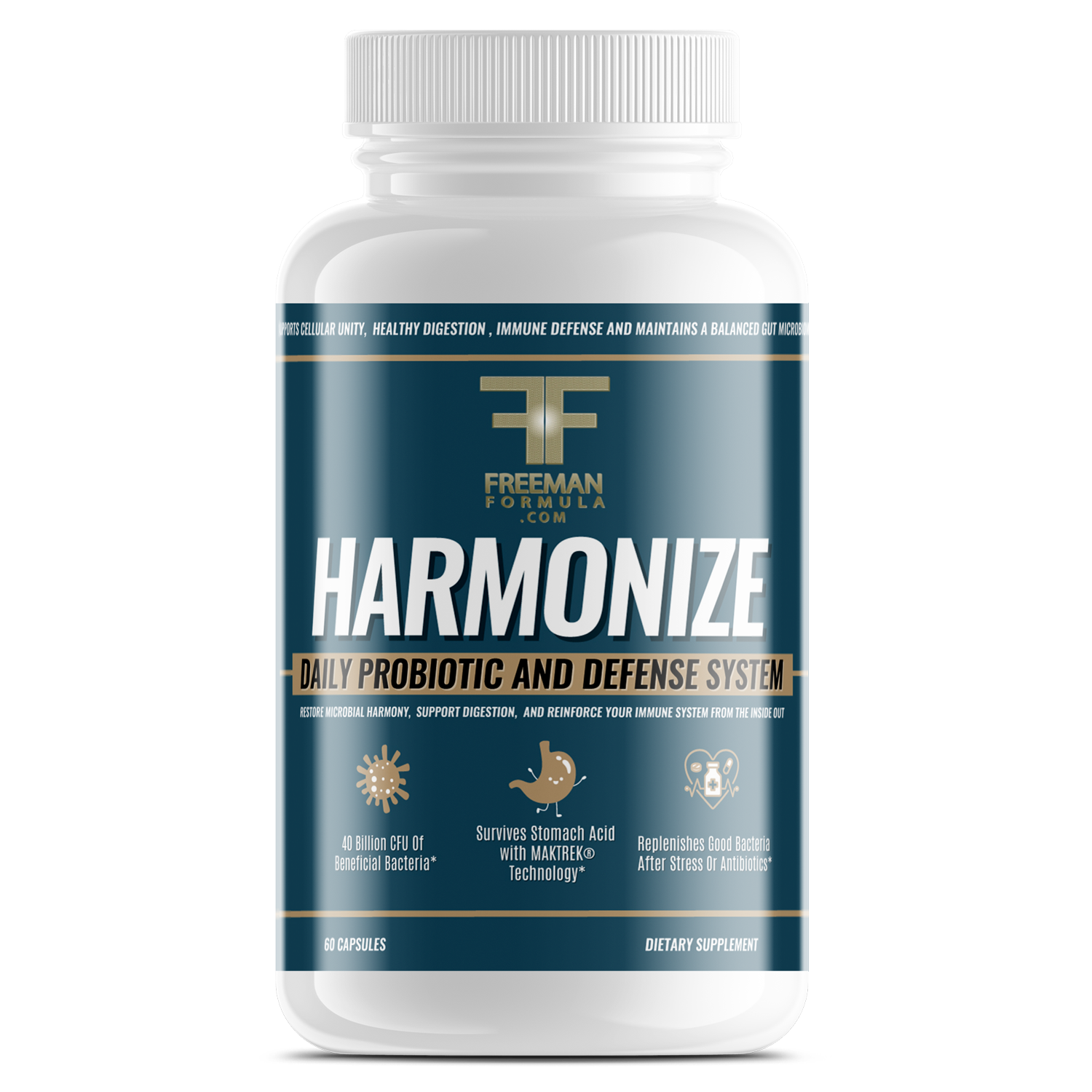 Freeman Formula Harmonize Daily Probiotic and Defense System supplement bottle designed to support gut health, strengthen immune defense, and promote digestive balance.