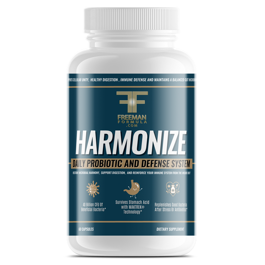 Freeman Formula Harmonize Daily Probiotic and Defense System supplement bottle designed to support gut health, strengthen immune defense, and promote digestive balance.