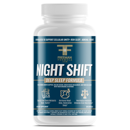 Freeman Formula Night Shift Deep Sleep Formula supplement bottle designed to promote deep restorative sleep, reduce nighttime stress, and support relaxation.