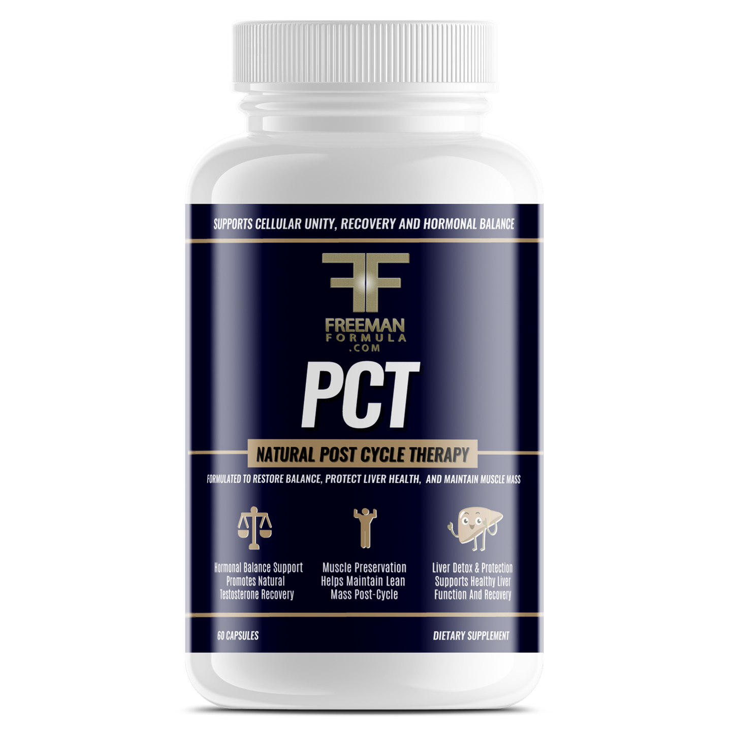 Freeman Formula PCT Natural supplement bottle for post cycle therapy, designed to support hormone balance, liver health, and recovery.