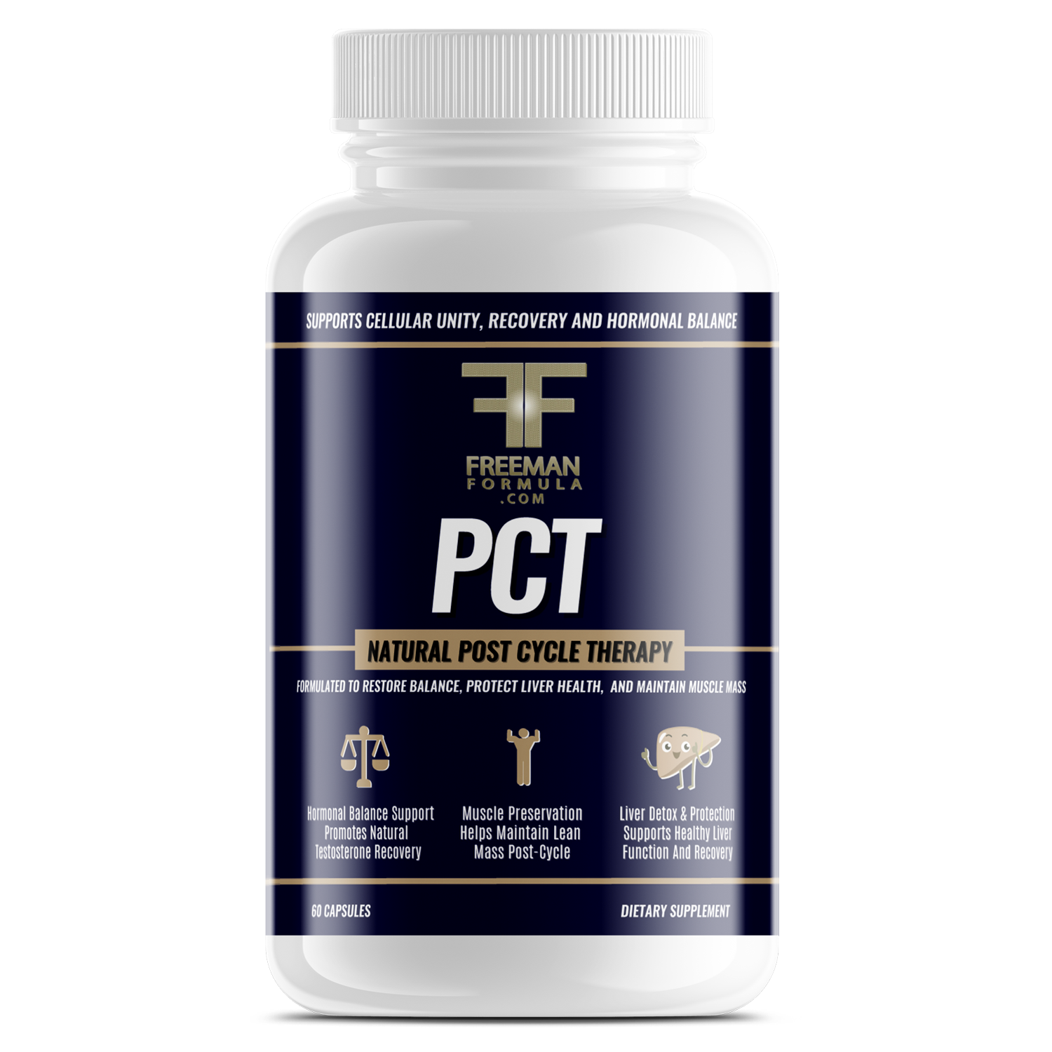 Freeman Formula PCT Natural supplement bottle for post cycle therapy, designed to support hormone balance, liver health, and recovery.