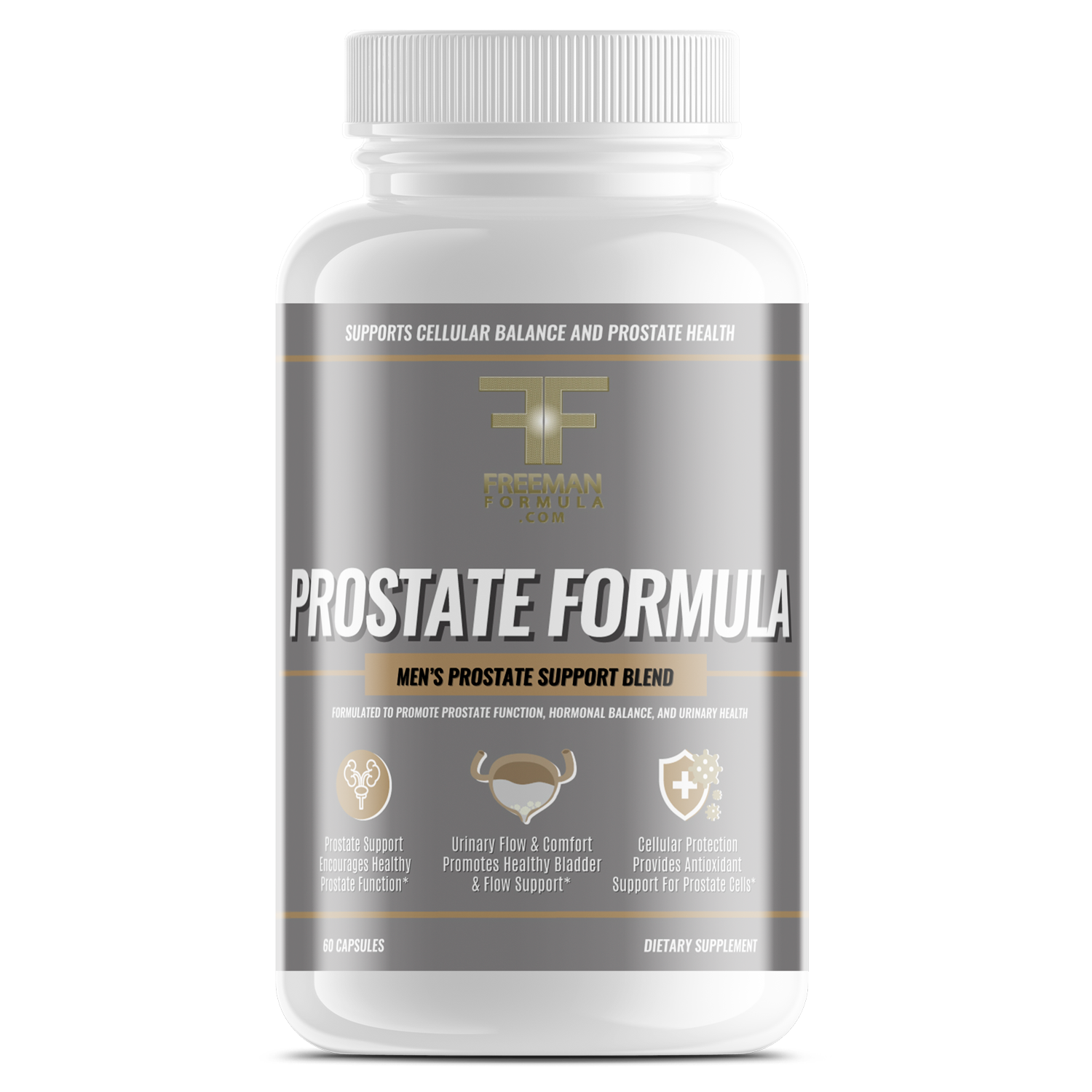 Bottle of Freeman Formula Prostate Formula men's supplement designed to support prostate function, hormonal balance, and urinary health.