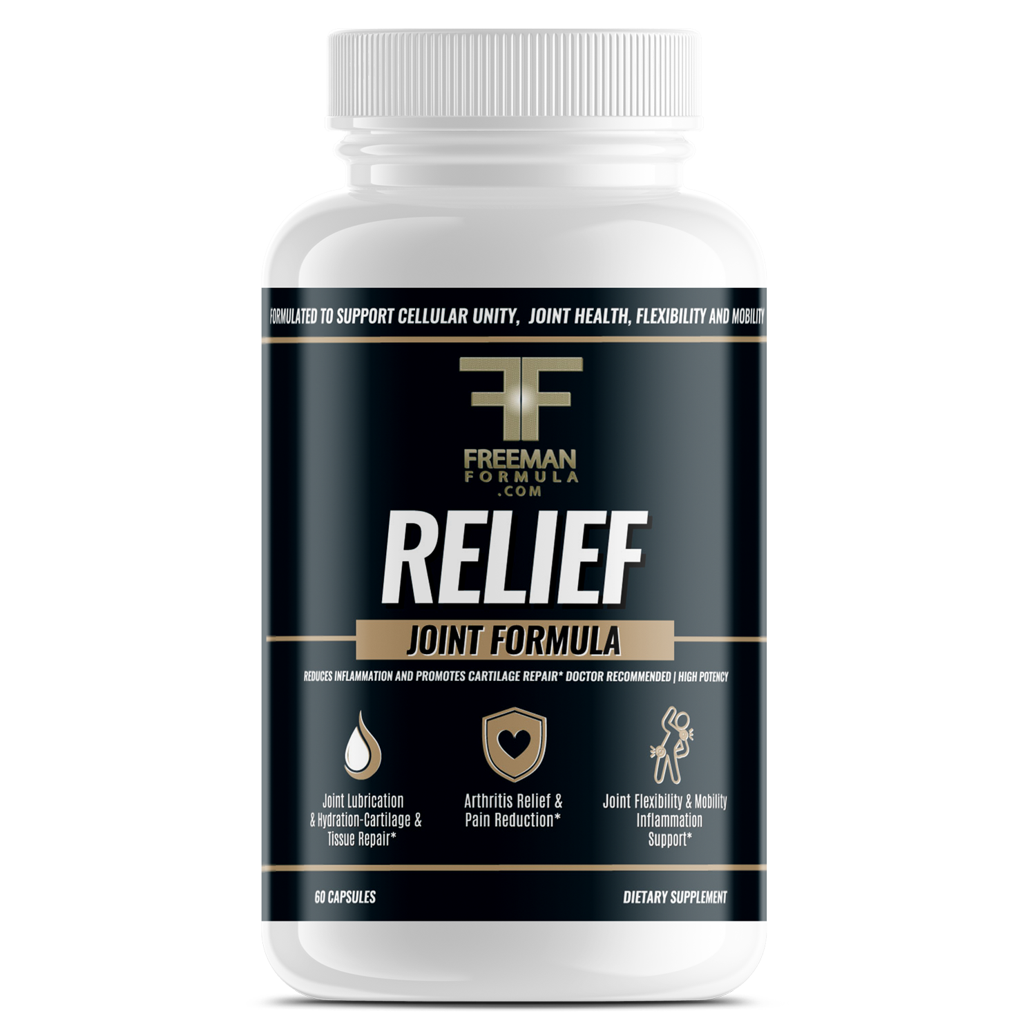 Freeman Formula Relief Joint Formula supplement bottle designed to support joint flexibility, reduce inflammation, and promote overall mobility.