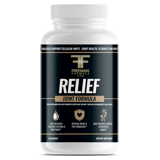 Freeman Formula Relief Joint Formula supplement bottle designed to support joint flexibility, reduce inflammation, and promote overall mobility.