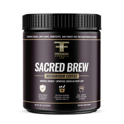 Freeman Formula Sacred Brew mushroom coffee blend made with adaptogenic mushrooms to boost focus, energy, and immunity without caffeine crashes.