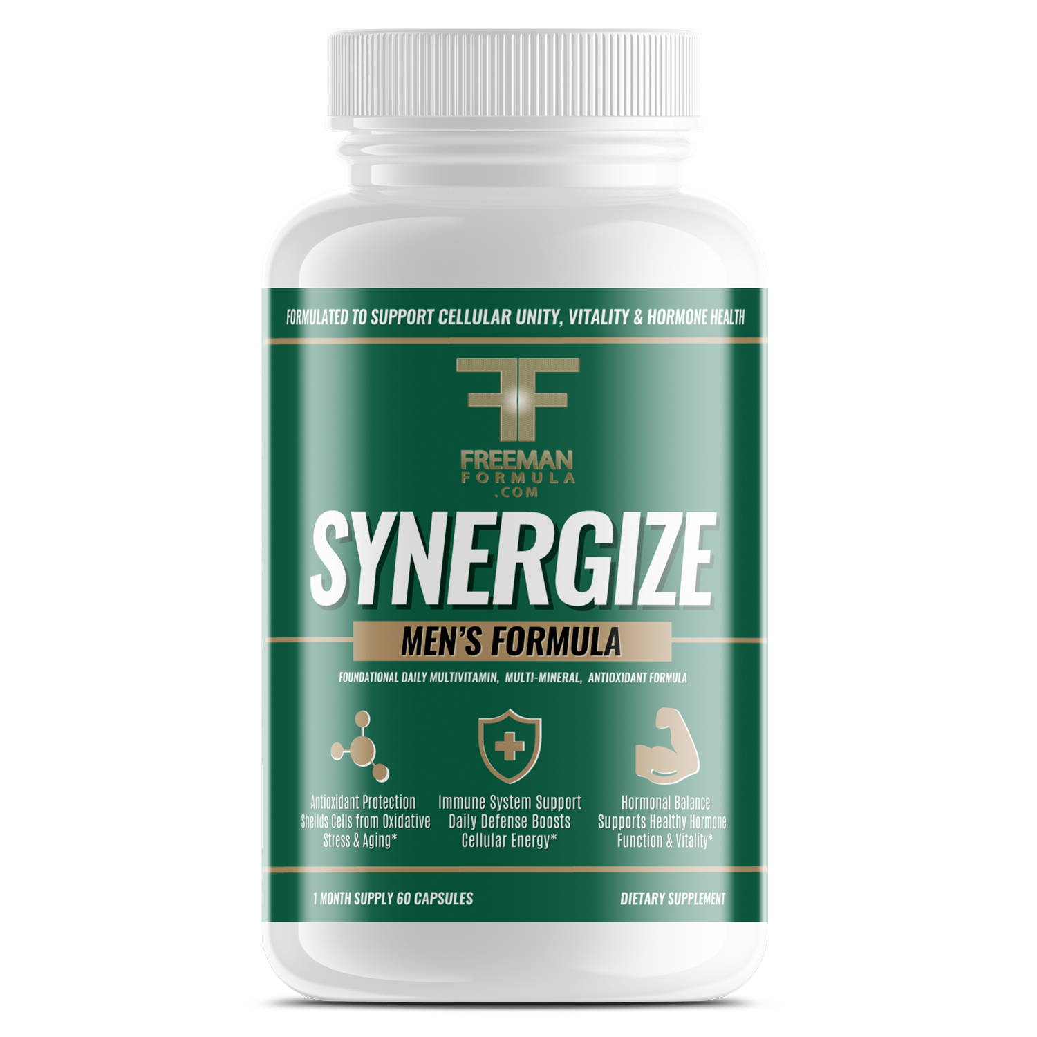 Freeman Formula Synergize Men’s Formula supplement bottle designed to support immune health, hormone balance, and daily vitality.