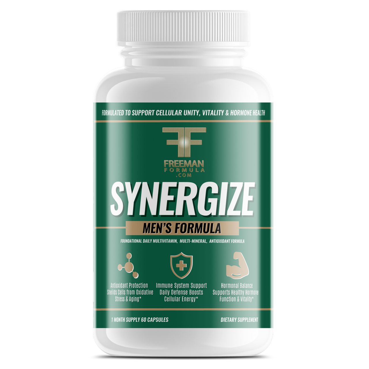 Freeman Formula Synergize Men’s Formula supplement bottle designed to support immune health, hormone balance, and daily vitality.