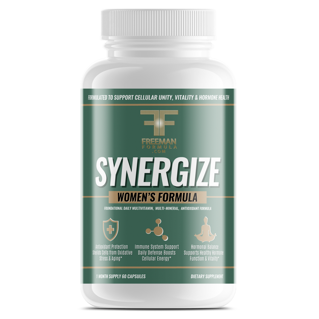 Bottle of Freeman Formula Synergize Women's Formula multivitamin supplement designed to support hormone balance, immune health, and cellular energy.