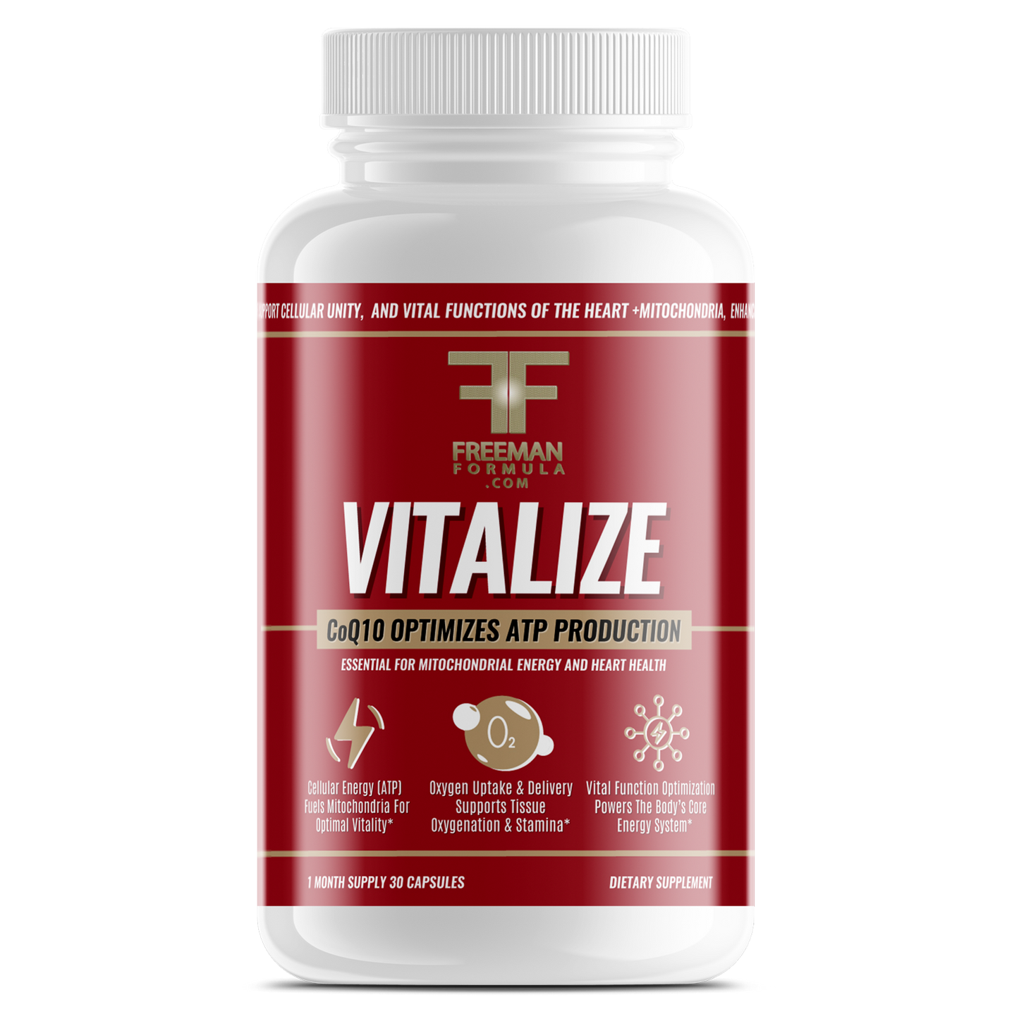 Freeman Formula Vitalize CoQ10 supplement bottle designed to optimize ATP production, support cellular energy, and promote heart health.