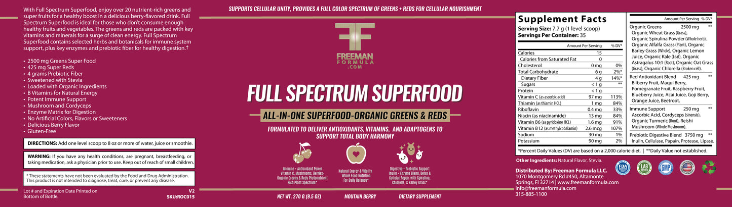 Flat lay of Full Spectrum Superfood label frequency of food creating cellular unity
