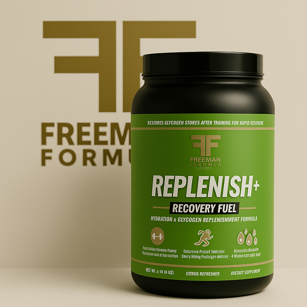A sleek black bottle of Freeman Formula Synergize is showcased on a cream background, with a large gold FF logo behind it. The minimalist, flat lay composition emphasizes luxury and brand identity.
